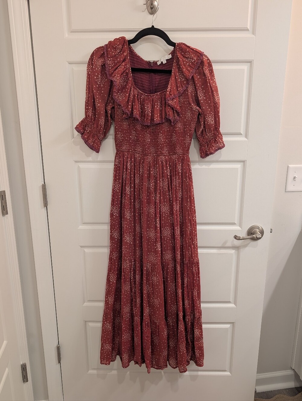 Ivy City Co Rust Red Maxi Dress with White Dot Print, Size Small